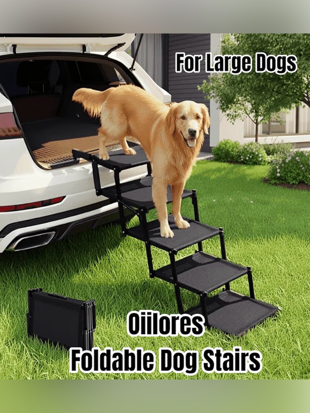 Oiilores Foldable Extra Wide Pet Ramp/Stairs for Large Dogs (Black), (5 Steps)